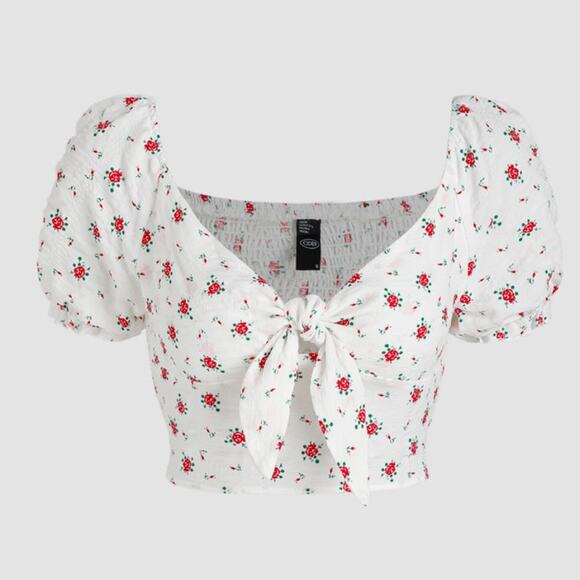 Cider Women's Floral Bubble Sleeve Knot Front Cropped Blouse White Size XL - Picture 1 of 9